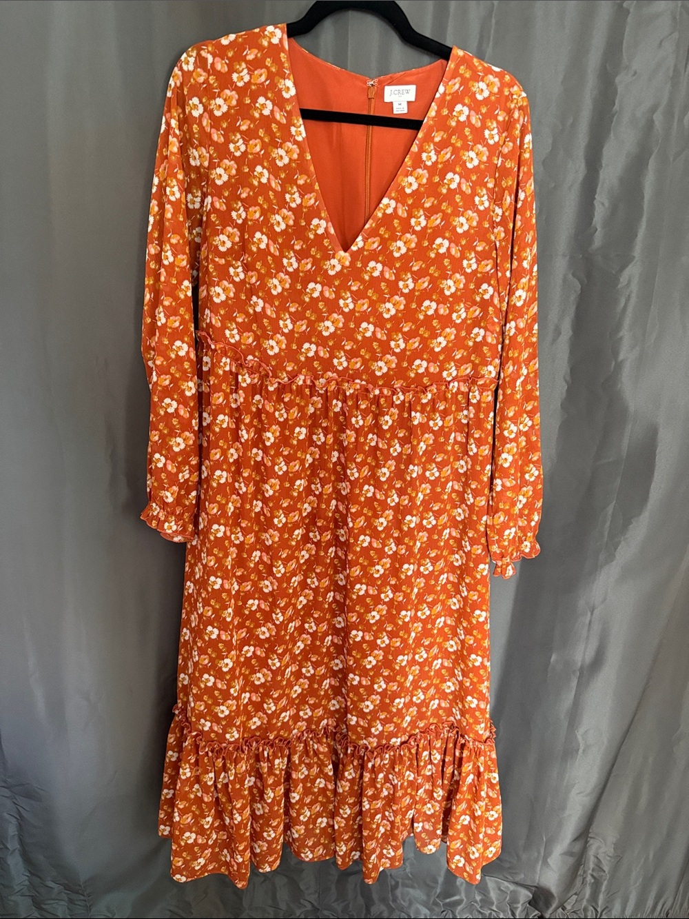 J. Crew Factory Orange Floral V-Neck Ruffle-Hem Long Sleeve Midi Dress